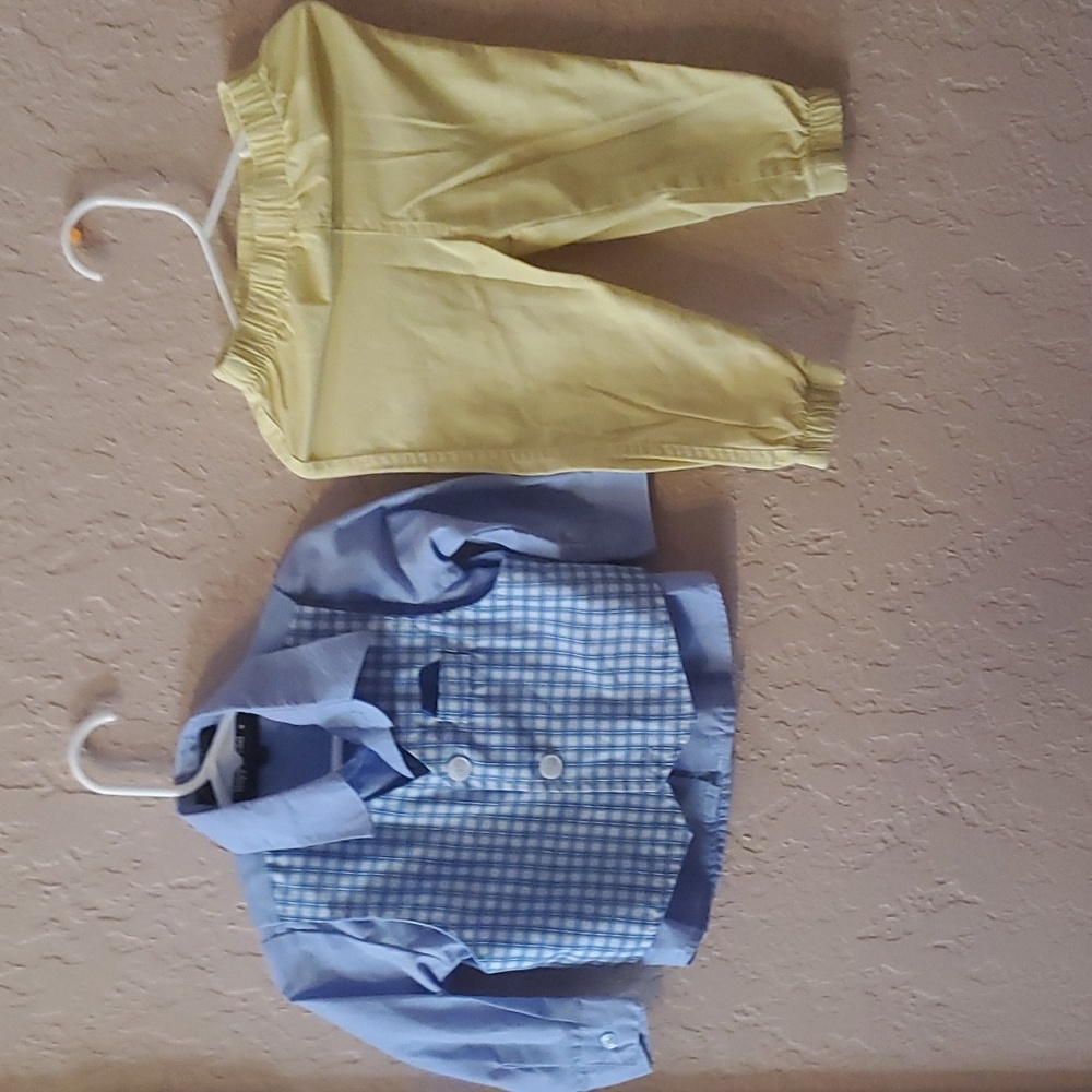Happy Fella button down shirt and vest with light yellow pant set size 18 months
